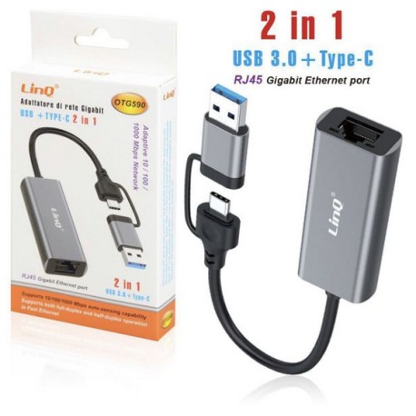 Adattatore USB-Ethernet  usb + type-c  Gigabit